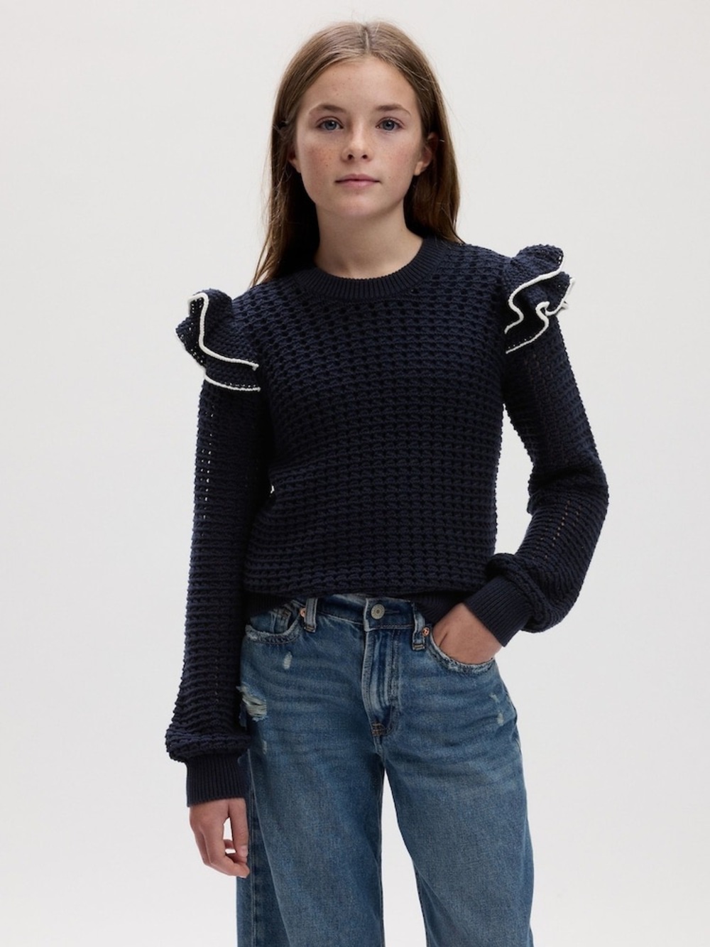 NWT Sz L Kids GAP Navy Knit Eyelet Sweater Ruffle Shoulders, Ribbed Cuffs